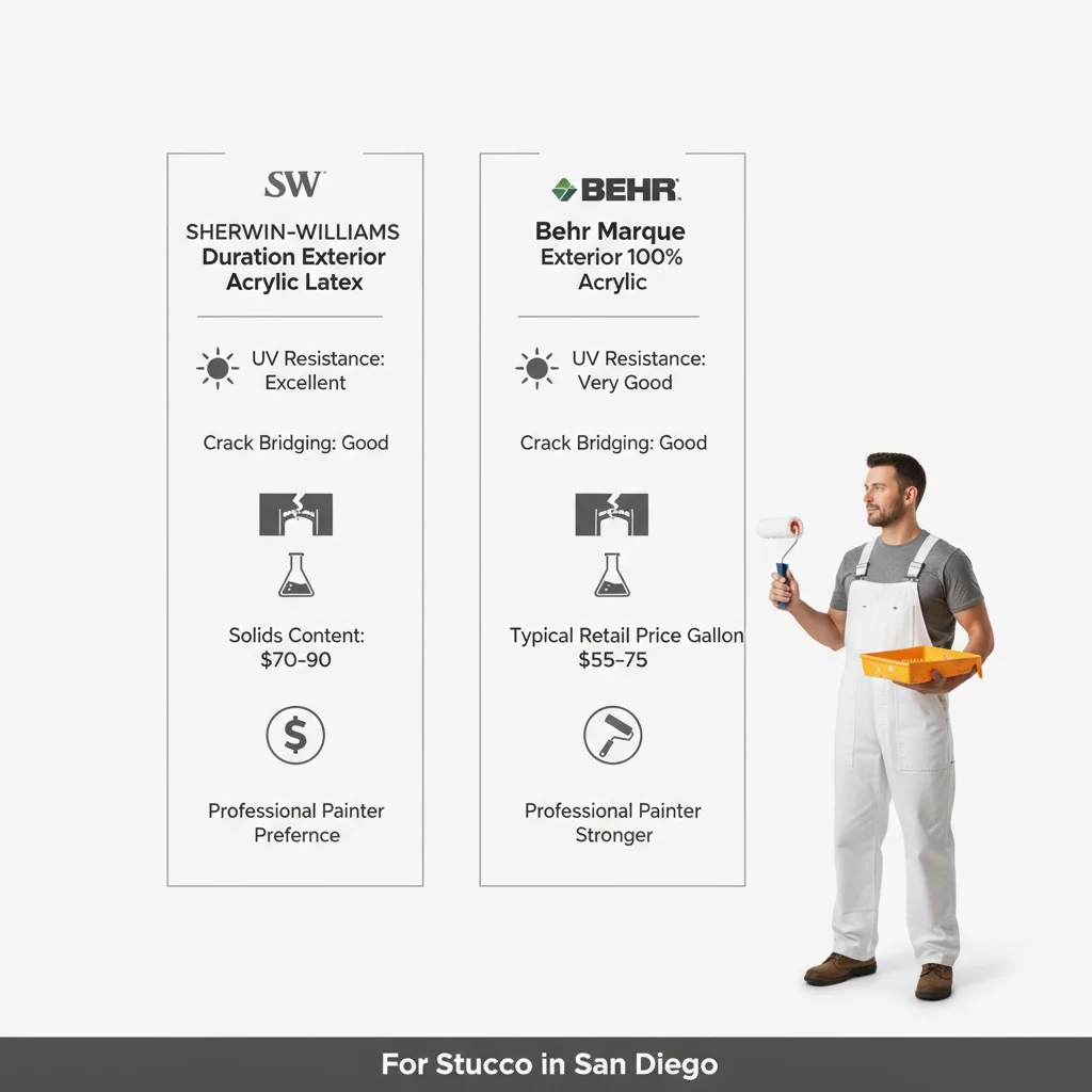 Infographic comparing Sherwin-Williams Duration and Behr Marquee exterior paints for stucco in San Diego, detailing features like UV resistance, crack bridging, solids content, and professional preference.