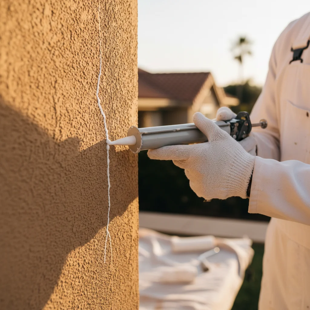 Painter applying caulk to a hairline crack in a San Diego stucco wall.