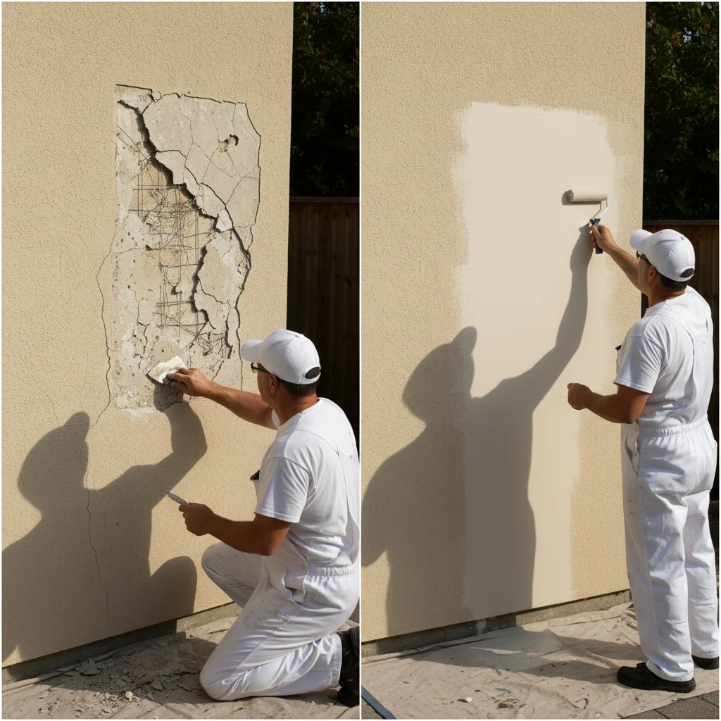 Side-by-side of cracked stucco section vs same section after patching, priming, and repainting