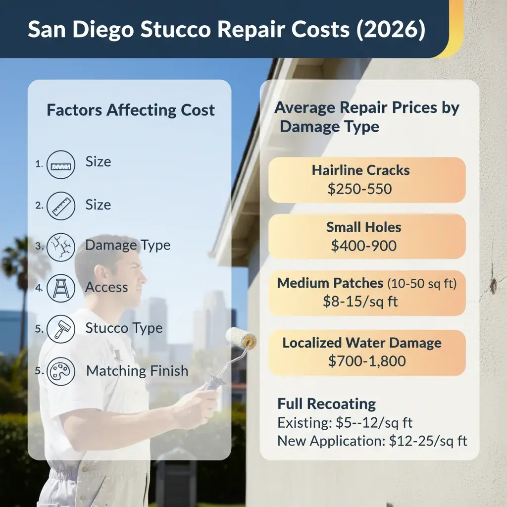 Infographic detailing stucco repair cost factors and average price ranges in San Diego for different types of stucco damage.