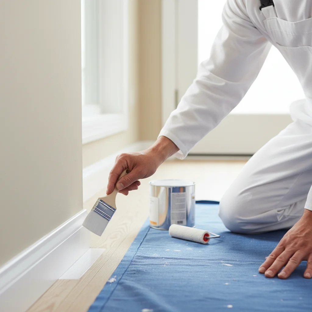 Painter brushing fresh white semi-gloss paint on baseboard trim, close-up with clean line against wall