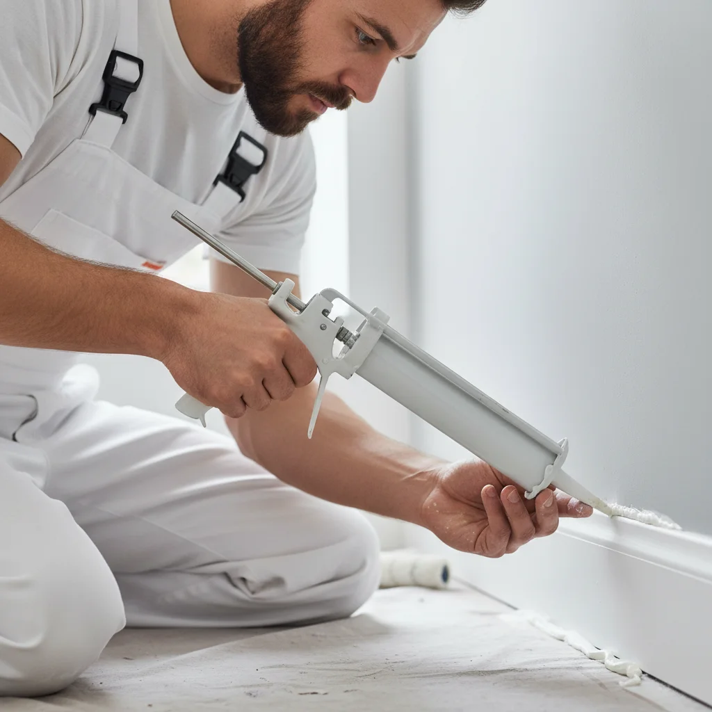 Painter caulking gap between baseboard and wall with white caulk gun, detailed close-up
