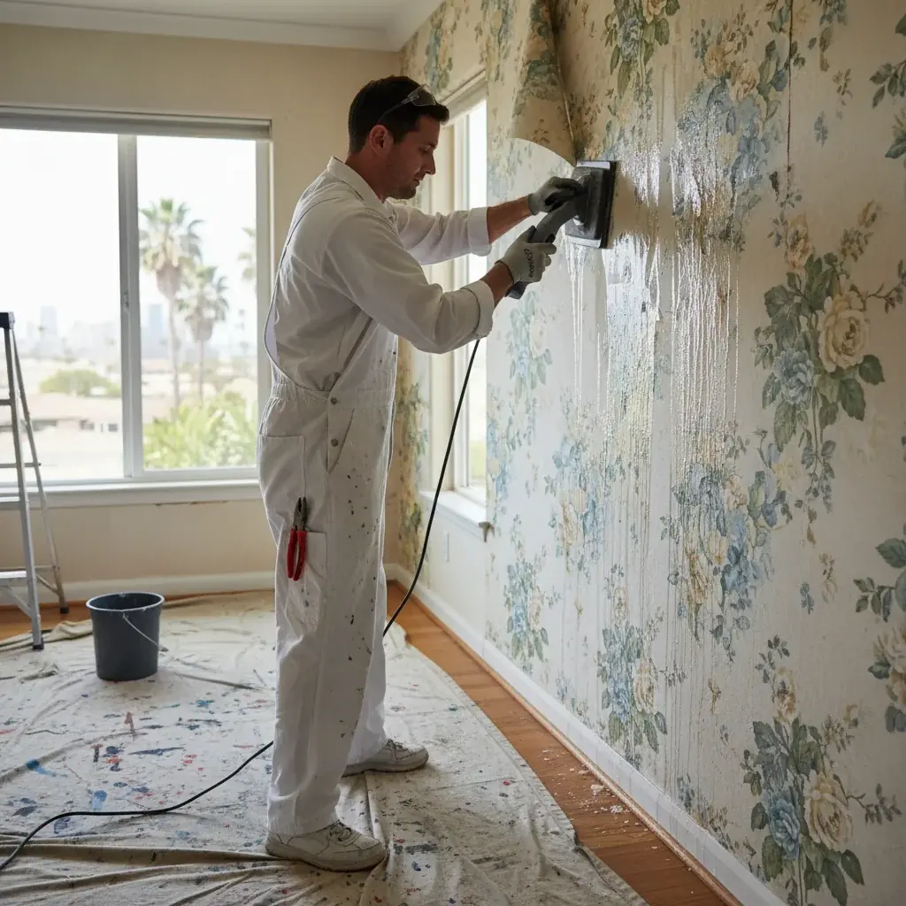 A professional painter carefully peels away old, dated wallpaper inside a San Diego home.