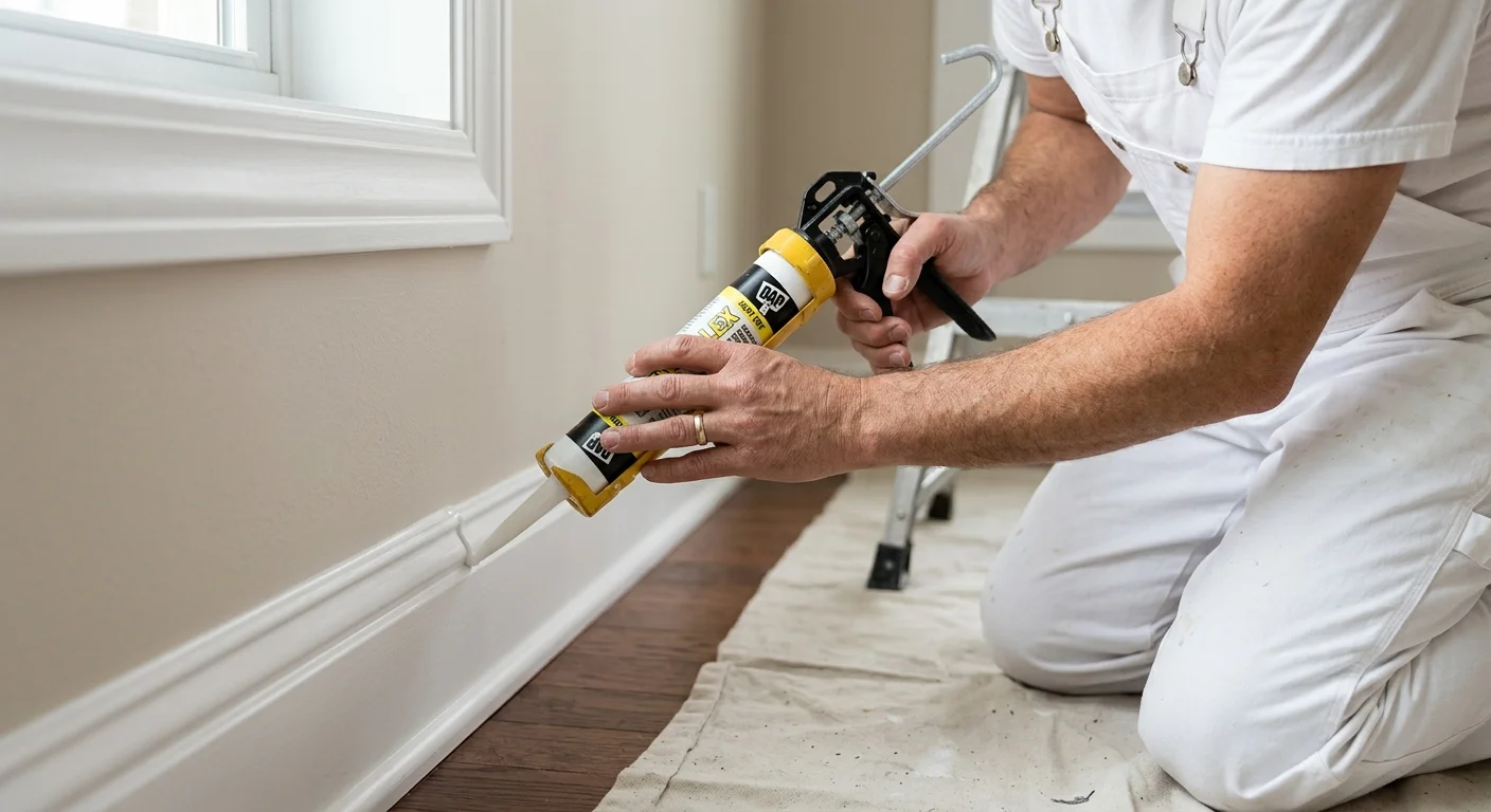 A close-up shot of a painter running a smooth bead of caulk along the top of a baseboard where it meets the wall, ensuring a perfect seal before painting.