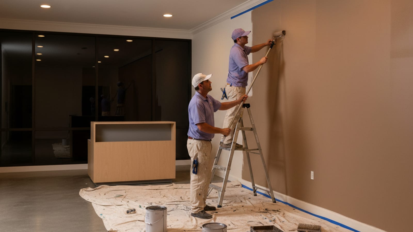 Commercial painting crew rolling a neutral accent wall in an office lobby after hours